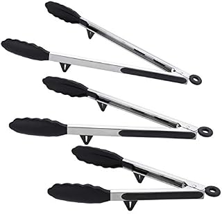 LISRSC Kitchen Tongs, Cooking Silicone Tongs Set of 3 (9,12" and 14), Heat Resistant Serving Tongs with Silicone Tips, Stainless Steel Locking Food Tongs for Cooking, Buffet, Barbecue & Salad(Black)