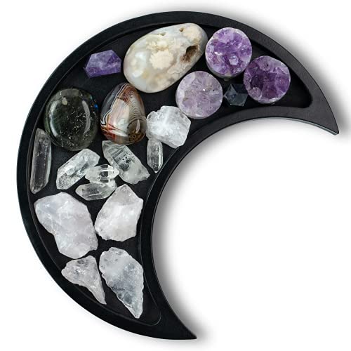 Black Crystal Display Gothic Tray - Moon Shaped Altar Tray for Storage and Display of Crystals and Stones - Wooden Moon Trinket Dish for Spiritual Decor, Jewelry Organizer, Essential Oil Holder