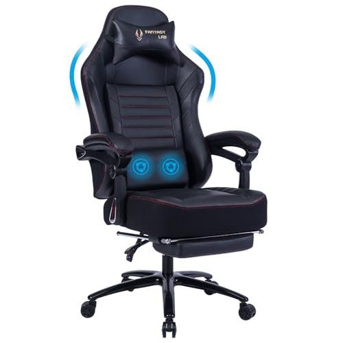 Fantasylab Big & Tall Gaming Chair with Footrest, 400lb Capacity, Massage Feature, Memory Foam, Adjustable Tilt, High Back Leather, Ergonomic Office Chair for Computer & Gaming