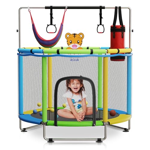 Toddler Trampoline for Kids Ages 3-8 - 5 ft Toddler Trampoline with Net, Basketball Hoop, Ocean Balls, Boxing Bag, Hammock - Indoor and Outdoor for Kids, Backyard