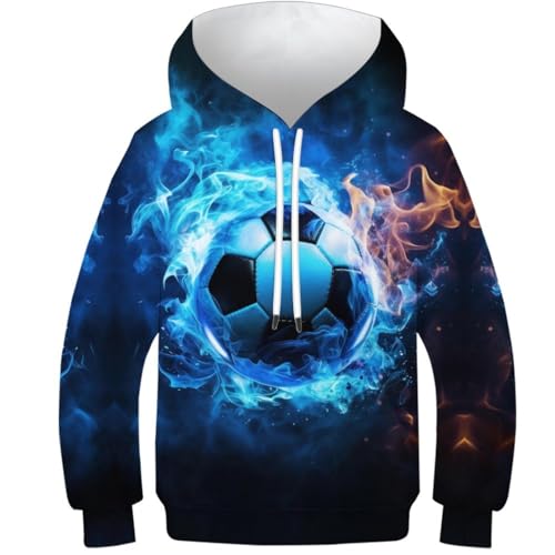SAFGTXHTR Sport Sweat-Shirt À Capuche Enfants avec Imprimé Amusant 3D Football Soccer Pull À Manches Longues pour Garçon Et Filles À Capuche Enfants avec Poche Âge : 6-15 Ans