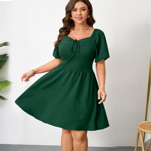 Image of RWJ Women Plus Size Summer Dress Short Sleeve Tie Front Sweetheart Neck Casual Mini Wedding Guest Dresses 2025