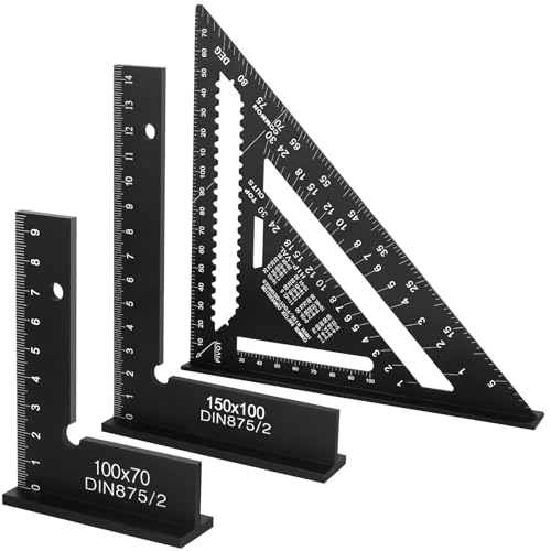 Escuadra Carpintero, 180mm Regla Métrica Triangular de Aluminio, Triángulo de Carpintería 45-90 Grados con 2 Escuadras de Carpintero de 90°, kit Herramientas Carpintero para Medir, Marcar y Cortar