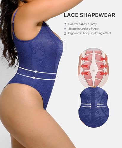 Image of SHAPELLX Lace Bodysuit for Women Tummy Control Shapewear Backless Body Suits One Piece Body Shaper Thongs