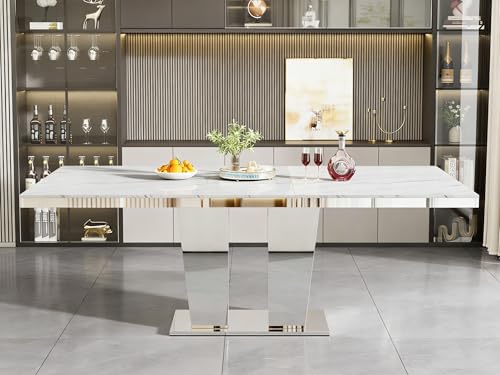Image of 94.5 inch Rectangular Dining Table for 6 8 10, Modern White Extendable Kitchen Table, Large Long Dining Room Table with Mirrored Pedestal for Dining Kitchen Living Room