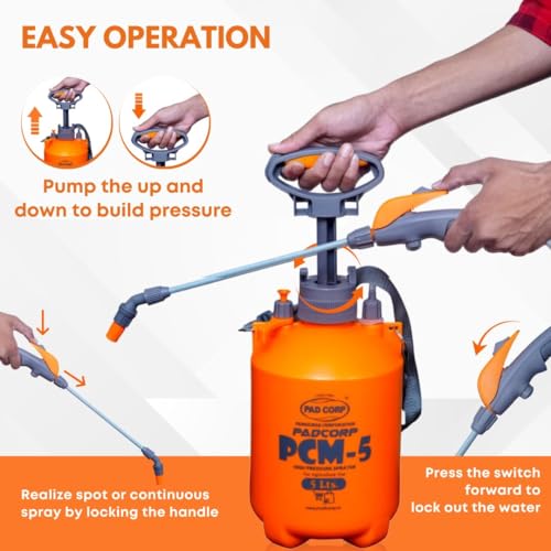 Image of Pad Corp PCM5 High Pressure 5 Litre Sprayer Pump for Plants Gardening Cleaning Sanitizing Pest Control | Lightweight & Versatile Hand Pressure Sprayer for Home Garden Small Farm Nursery Use (PCM-5)