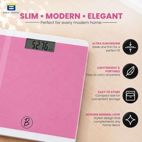 Image of Btag Premium Digital Body Weight Scale | 26x26 cm Wide Platform | Clear LCD Display | Anti-Skid Base | 180 kg Capacity Block Design (Pink)