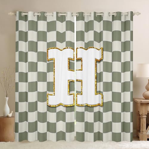Image of Erosebridal Sage Green Checkered Window Curtains 52 inch Wx84 L Plaid Initial H Blackout Curtains for Bedroom Living Room,Personalized Monogram Window Treatments Grids Gingham Drapes Decor 2 Panels
