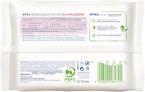 NIVEA Reinigungstücher 3in1 Pflegend, Abschminktücher mit Glycerin und Mandelöl für wasserfestes Make-Up, sanfte Gesichtsreinigung für trockene & empfindliche Haut (25 Stück)