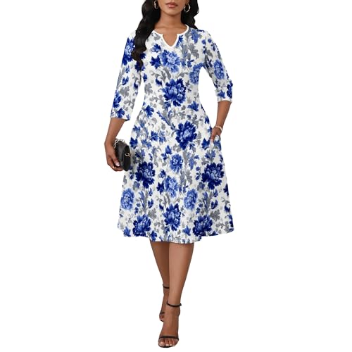 Midi Dresses for Women Casual 3/4 Sleeve Flowy Wedding Dress Plus Size Sundress with Pockets