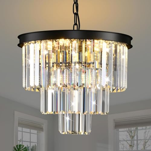 MSSIAN Modern Contemporary Black K9 Crystal Chandelier Pendant Light, 3-Tier 7-E14 Socket Round Mini Ceiling Fixture 40CM, Hanging Lighting for Dining Living Room Entryway