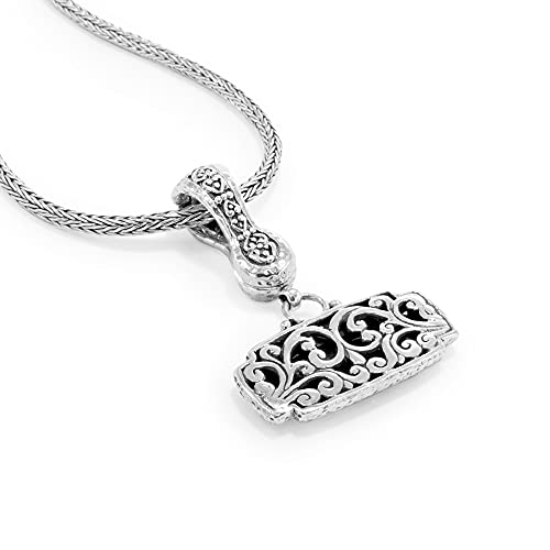 Sarda .925 Sterling Silver 1-5/8" X 1-1/8""She Has Fire In Her Soul Grace In Her Heart" Filigree Rectangle Enhancer Pendant - Handmade By Bali Artisans #TOP3