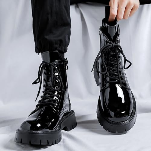 Men'S Black Patent Leather Platform Combat Boots Fashion Side Zipper Wide Toe Lace Up Chunky Lug Sole High Top Motorcycle Boots Comfort Waterproof Non-Slip Casual Ankle Booties4