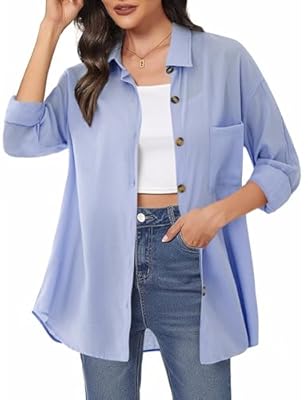 Irevial camisa lino mujer Blusa de Informal Elegante Tops con Botones Camiseta de Gran tamaño con cuello de pico de manga larga Camisa Mujer con Bolsillo Azul，M