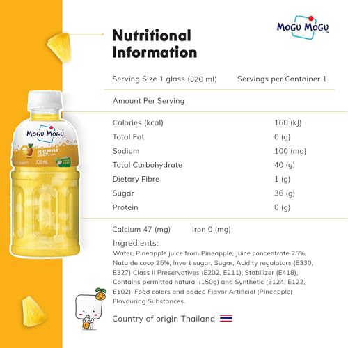 Image of Mogu Mogu Pineapple Juice Drink with Nata de Coco Jelly 320ml | Refreshing Tropical Thai-Made Sip & Chew Beverage.