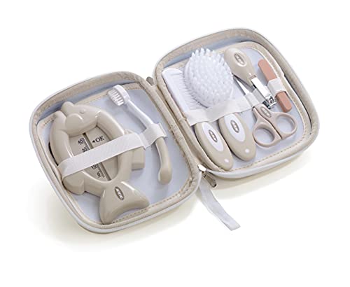 Jané Set de Higiene con Neceser, Peine, Cepillo Cerda Natural, Tijeras, Cortauñas, Limas, Cepillo Dental y Termómetro, Beige