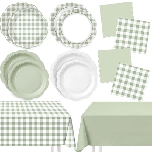 LemonRoad 100 Pcs Sage Green Gingham Paper Plates Napkins Plastic Tablecloth Set for 24, Green White Disposable Dinner Dessert Scalloped Plates for Baby Shower Picnic Birthday Party Supply Decoration