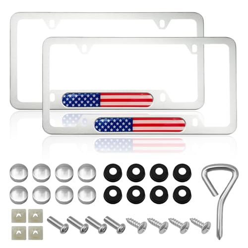 Image of 2 PCS Flag License Plate Frame, American Flag Patriotic Stainless Steel Auto Plate Cover, Vintage US Rust-Proof Vehicle License Plate Holder, Universal Car Accessories (White&Colorful)