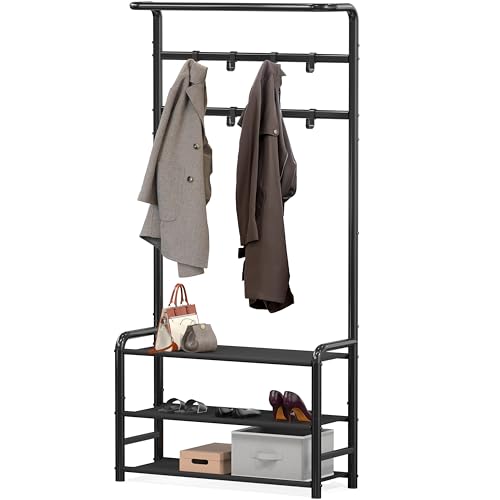 SIMPLE HOUSEWARE Coat Rack with Storage Shelf, Freestanding Hall Tree with Hooks for Entryway, Bedroom, Office, Black Metal Clothes Hanger Stand for Coats, Hats, Jackets, Bags - Black - Image 3