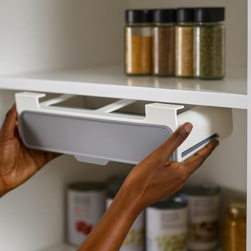 KitchenKind SpiceSpace Organizer Set – Under-Shelf Mounted Rack with 6 Glass Spice Jars & 18 Preprinted Labels – Minimalist Space-Saving Spice Rack for Pantry, Cabinet, or Kitchen Shelf