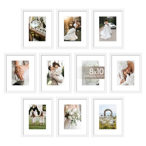 upsimples 8x10 Picture Frame Set of 10, Display Pictures 5x7 with Mat or 8x10 Without, Multi Photo Frames Collage for Wall or Tabletop Display, White