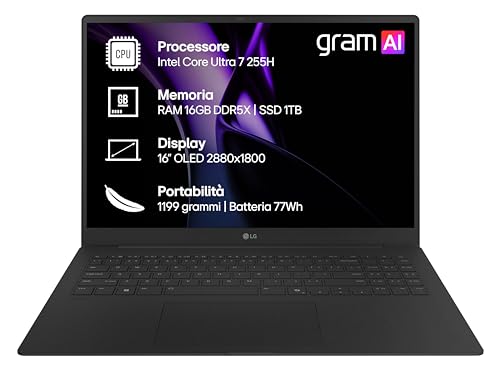 LG gram Pro 16Z90TP, Notebook 16" OLED 2880x1800, Intel Core Ultra 7 (Serie 2) 255H, 16GB RAM, 1TB SSD, Ultraleggero solo 1.2 kg, Batteria 77Wh, Windows 11 Home, Tastiera italiana, Tasto Copilot, Nero - Immagine 1