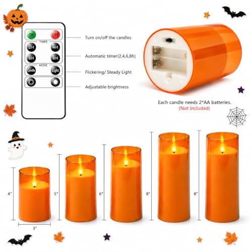 Image of Fo32won Orange LED Flameless Pillar Candles Battery Operated with Remote Timer, 5 Pack 3D Flickering Acrylic Candles for Fall Halloween Thanksgiving Christmas Home Fireplace Party Decor & Gift