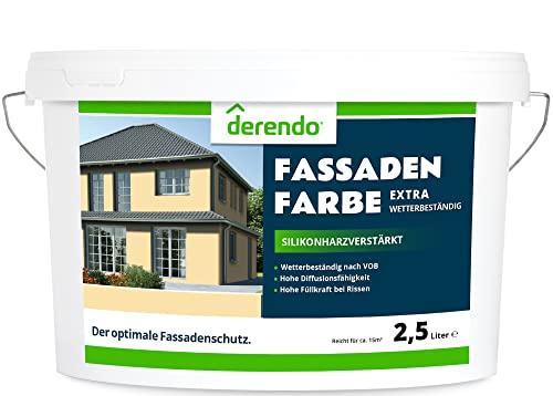derendo Fassadenfarbe gelb 2,5l mit EXTRA hohem Wetterschutz, matte silikonharzverstärkte Fassaden Farbe, hohe Deckkraft und gute Füllkraft bei kleinen Rissen (Sandgelb)