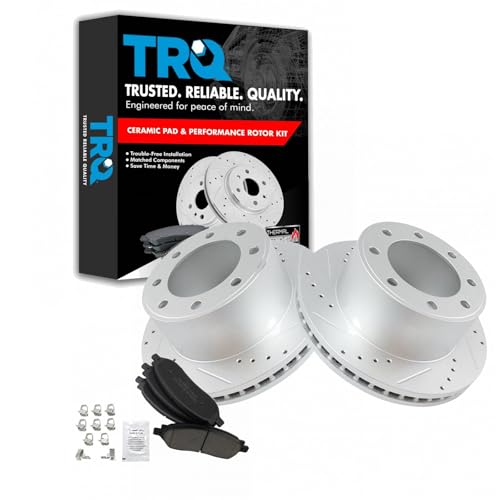 Image of TRQ Rear Brake Pad and Rotor Set Ceramic Coated Drilled Slotted Vented Rotors Compatible with 2005-2007 Ford F-250 Super Duty F-350 Super Duty