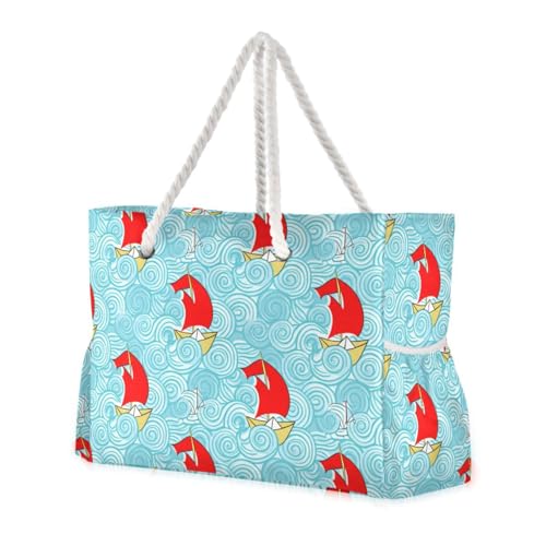 Paper Boat Swirls Beach Tote Bag for Women Large Travel Tote Bags Waterproof Carry On Swim Pool Bag Beach Bags with Zipper for Grocery Vacation Essentials Yoga Nurse Gym