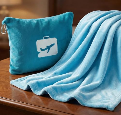 Image of VAS COLLECTIONS Travel Pillow Blanket 2-in-1, Ultra Soft Flannel Blanket with Carry Case, 65x40 Inches, Compact Portable Travel Blanket for Flights, Camping and Travel Comfort (Aqua)