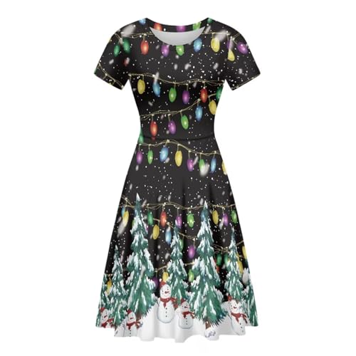 Image of POLERO Women Puffy Swing Elegant Party Midi Dresses Short Sleeve Round Neck A-Line Dress