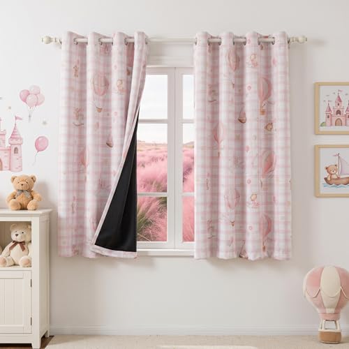 Image of MYSKY HOME Girls Blackout Pink Plaid Curtains 63 Inch Long for Girls Kids Bedroom Nursery Dining Room Cute Bear Boat Balloon Castle Patterns Grommet Thermal Insulated Window Treatments, W52, 2 Pcs