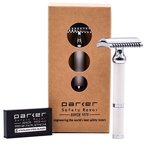 Parker's 70C Double Edge Safety Razor (White), Open Comb Design for a smooth and Comfortable Shave, 5 Parker Platinum Double Edge Blades Included, Great for both Men and Women,