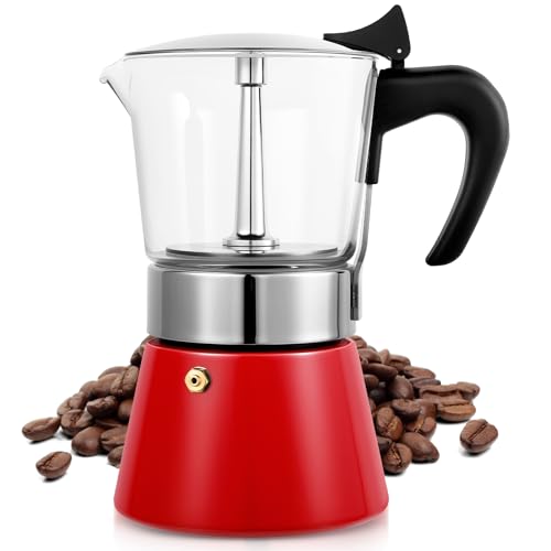 Image of Induction Moka Pot, 9 Cups (15.9 oz) Crystal Glass-Top & Stainless Steel Moka Pot, Classic Stovetop Espresso Maker, Red