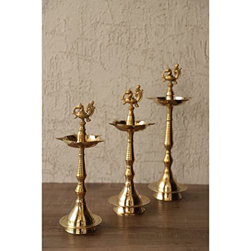 Image of Indian Art Villa Pure Brass Shine Finish Stand /Pillar Diya /Deepak /Lamp /Lantern with Peacock Design, Pooja, Home Decor & Diwali Gift Item, Height-16 Inches, Set of 2