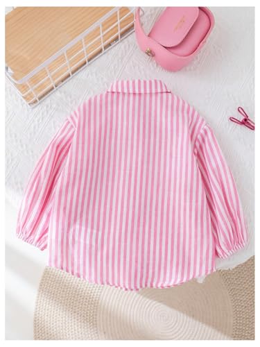 Image of SweatyRocks Girl's Striped Button Down Shirts Lantern Long Sleeve Collared Blouse Pink 5Y