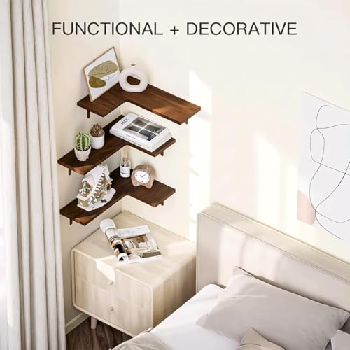 Image of Shoper cart Corner Wall Shelf Set, Shelf, Wall Mounted Shelves, Wall Shelf for Bedroom, Wall Shelves for Living Room, Book Shelf for Wall, Brown, 40 x 30 x 16 cm, (Brown (Set of 3))