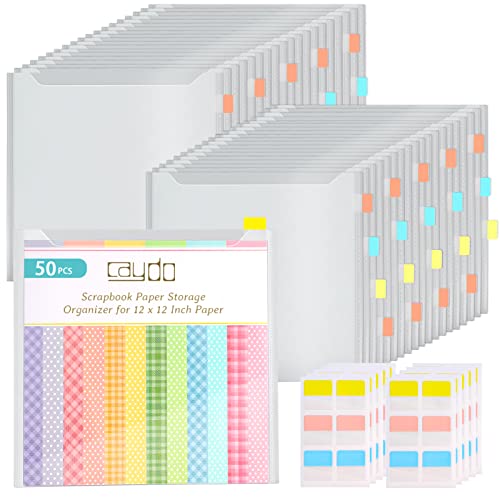 Caydo 50 Pieces 12 x 12 Inch Scrapbook Paper Storage Organizer with 120 Sticky Tabs, 50pcs