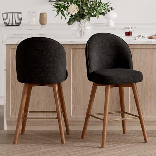 Image of Modern Swivel Bar Stools Set of 2, Chic Upholstered Counter Height(26IN) Bar Chair with Back, Solid Wood Legs and Footrest, Comfortable Chenille Bar Stool for Kitchen Island, Charcoal Black