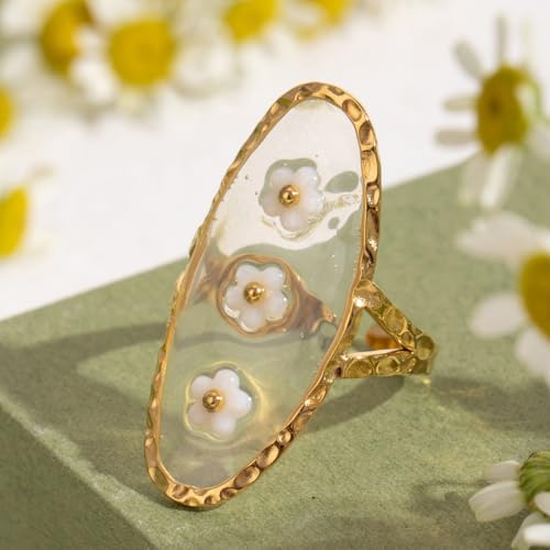 Oval White Flower Statement Ring for Women Gold Plated Titanium Steel Adjustable Shell Pressed Blossom Forgot-Me-Not Flowers Open Band Rings Fashion Vintage Geometric Wedding Holiday Jewelry4