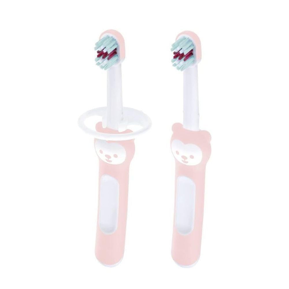MAM Baby’S Brush Spazzolino in Set da 2, con Anello di Sicurezza, Impugnatura Corta Specifica per Denti da Latte, 6+ Mesi, Rosa