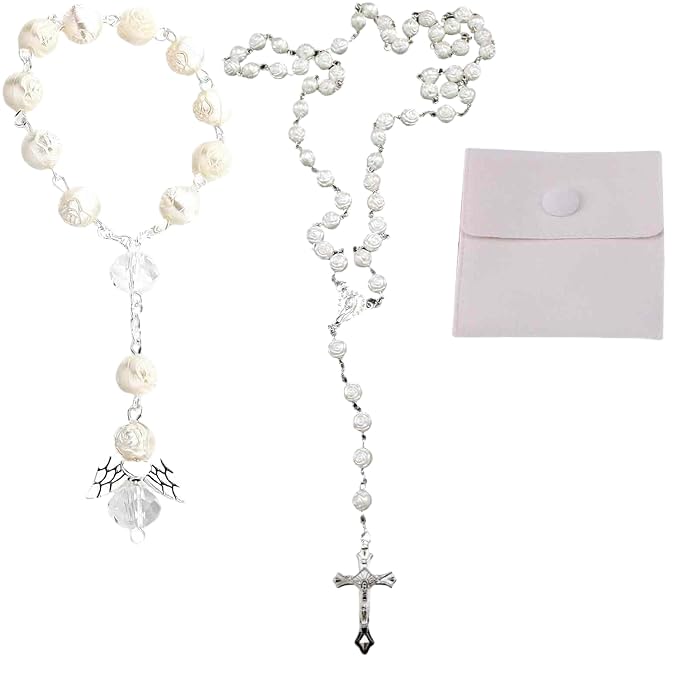 CZAYEFNH Presente de comunhão para menina, conjunto de 1 colar e 1 pulseira de contas brancas, com bolsa de presente incluída, perfeita para cerimónia religiosa