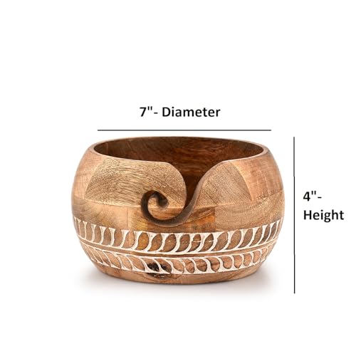 Image of Mahasu Yarn Storage Mango Wood Yarn Bowl for Crocheting Accessories and Supplies Organizer Wool Storage Bowl Round (7 inch x 7 inch x 4 inch)