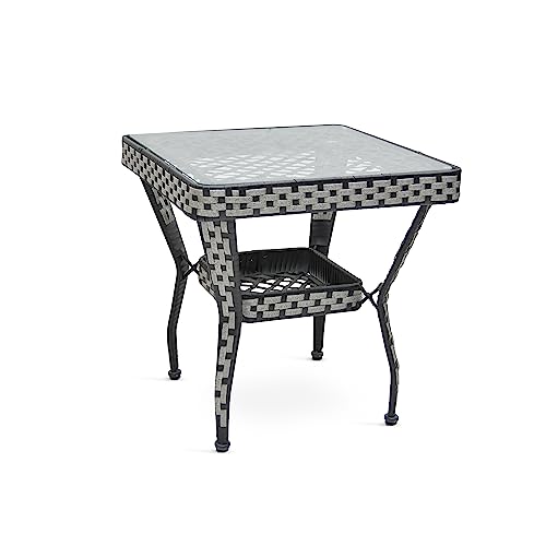 ملتي هوم فيرنتشر طقم طاولة طعام من الراتان بلون رمادي واسود مكون من 4 مقاعد - طاولة علوية زجاجية مربعة مع كراسي من الخوص لاثاث الشرفة واثاث الفناء واثاث الحديقة الخارجية وغرفة الطعام الداخلية