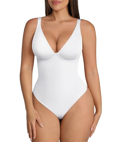FeelinGirl White Bodysuit for Women Body Suits Tummy Control Corset Top Thong V Neck Shape wear M