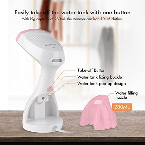 homeasy Clothes Steamer, 1500W Handheld Portable Garment Steamer for Home and Travel Steam Cleaner Fabric Steamer Wrinkle Remover 25s Fast Heat-up, 280ml Pink, Small (Updated Version)