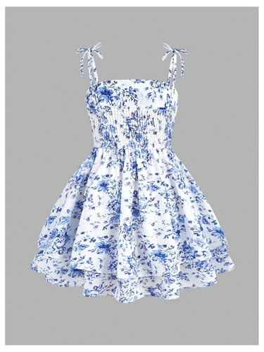 Image of SHENHE Girl's Smocked Ruched A Line Swing Dress Layered Tie Shoulder Flowy Cami Short Dress