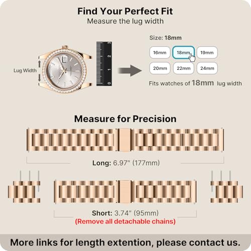 Image of Fullmosa 18mm Stainless Steel Watch Band, Quick Release Metal Replacement Strap with Removable Links, Includes Spring Bars & Link Removal Tool for Men Women (Rose Gold)