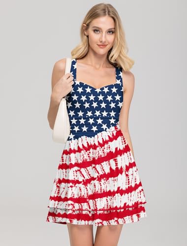 Image of IWD Women's Square Neck Sleeveless Mini Dress Ruched Waist Tiered Ruffle Hem A Line Short Dresses